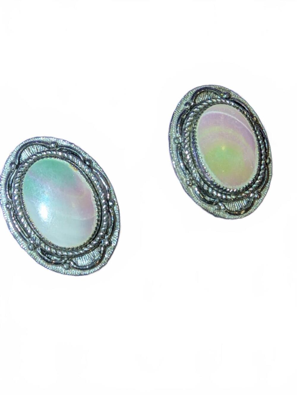 Vintage Silver-Tone Oval Opalescent Clip-On Earrings